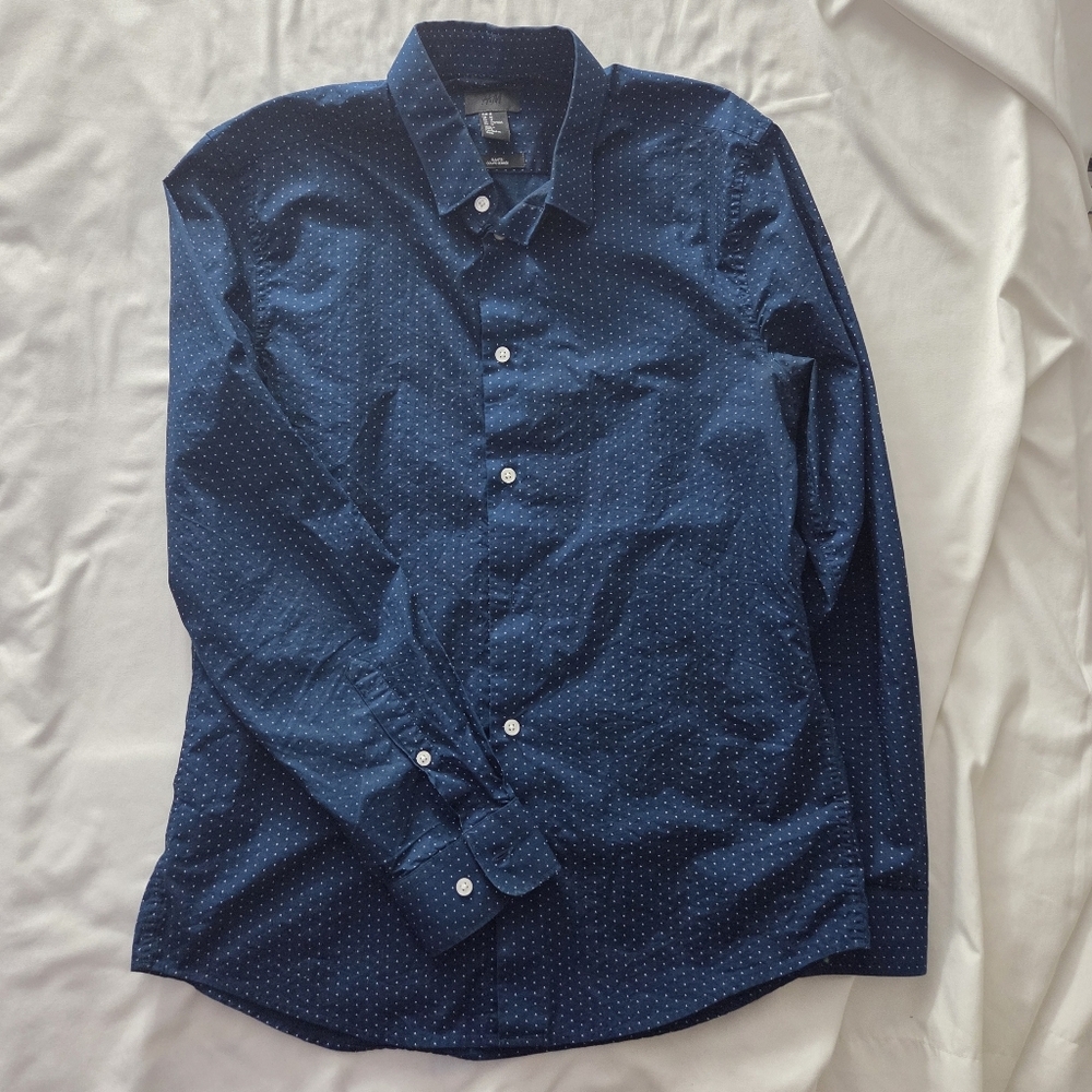 H&M Slim Fit Polka Dot Cotton Button Down Shirt Medium